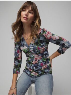WHBM 3/4 Sleeve Reversible Mesh Ruched V-Neck Women's Top L Black Tulip